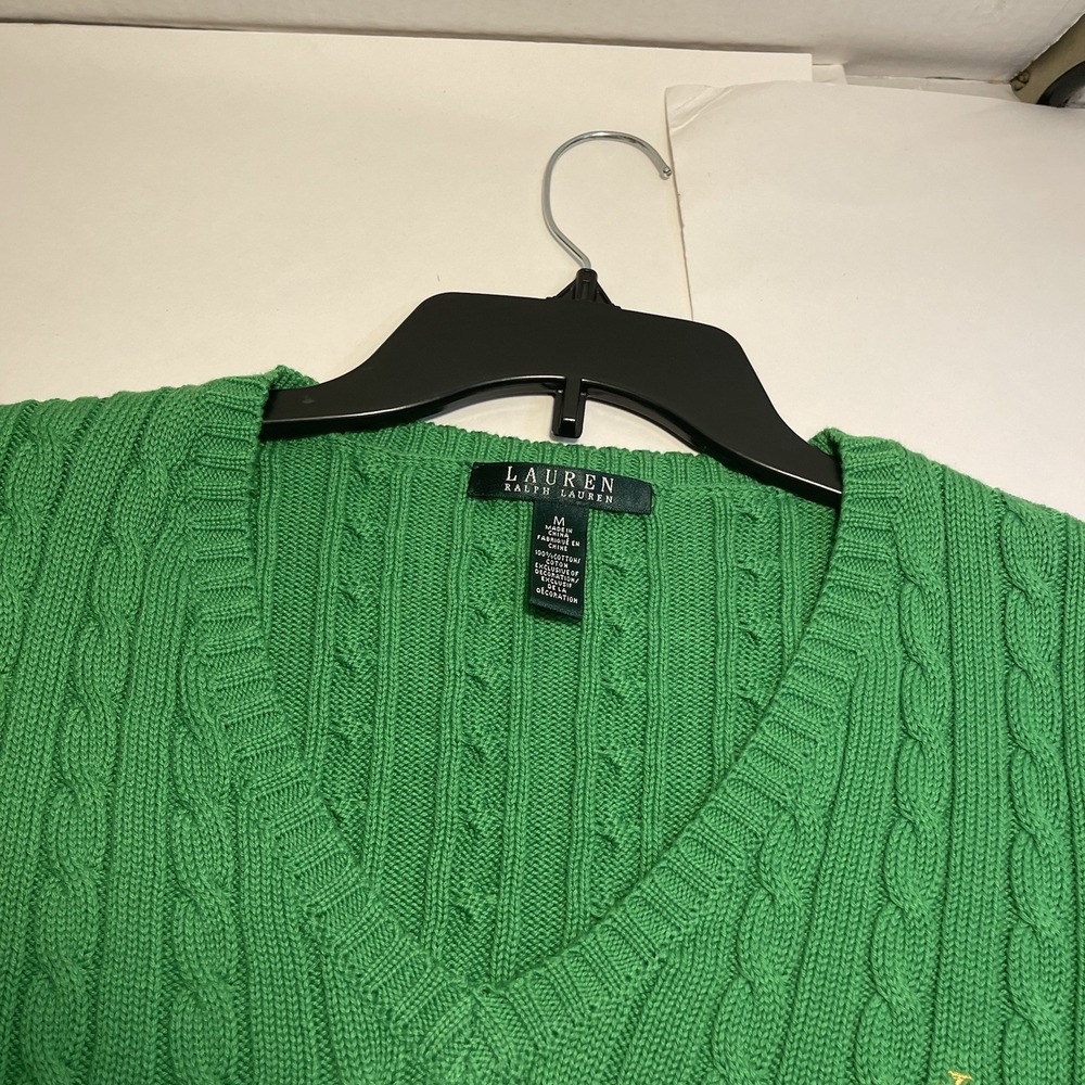 Lauren Ralph Lauren Women Green Cable Knit V-Neck Cotton Sweater M Preppy Tennis - Picture 9 of 10
